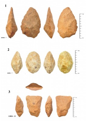 Figure 4. Bifaces from Kibbanahalli. 1–2: Handaxes; 3: Cleaver.